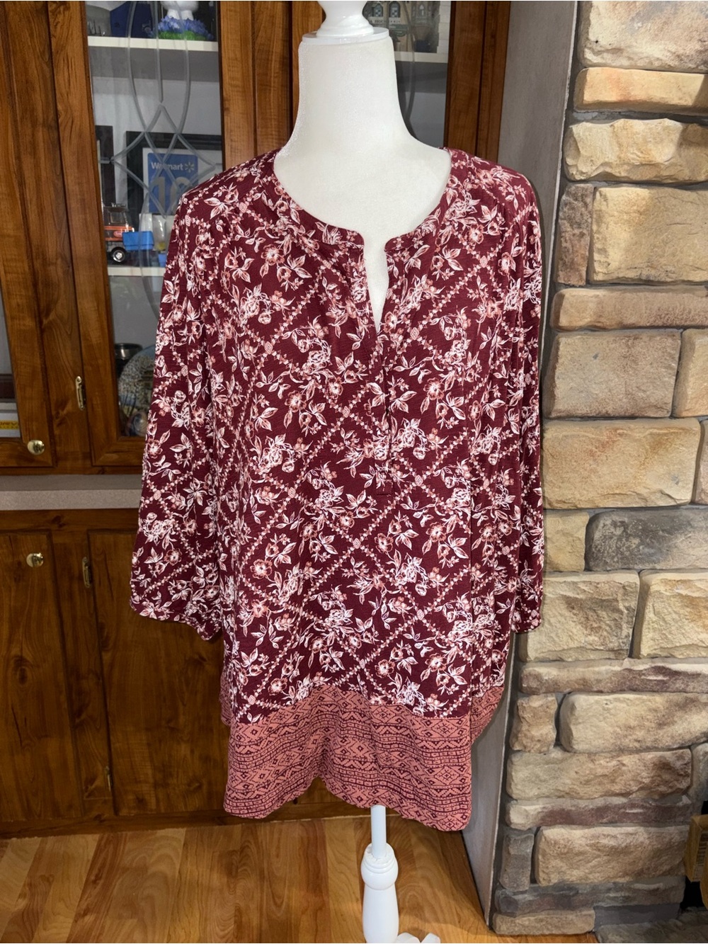 Lucky Brand Burgundy Floral Split-Neck Tunic with Patterned Hem back split hem
